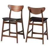 Baxton Studio 2 Piece Latina Scandinavian Style Faux Leather Upholstered Walnut Counter Stool Set, 24", Black